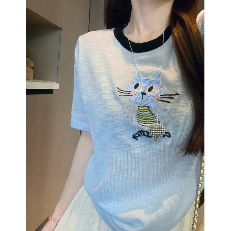 代发雪花棉165克短袖T恤夏2025设计感宽松刺绣花圆领韩版上衣女装