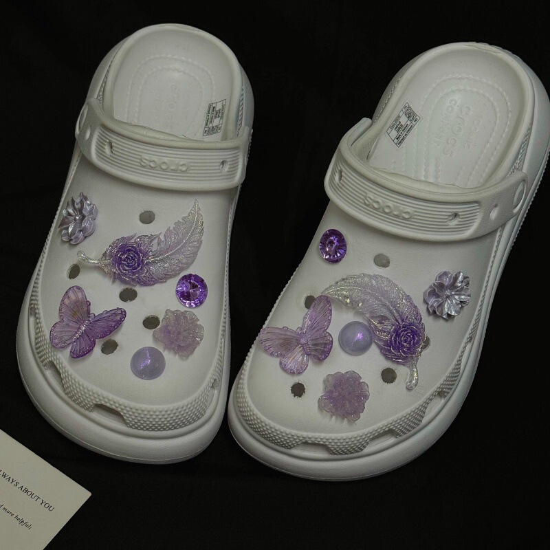 Girl's Heart-Shaped Croc Shoe Buckle Accessories: Purple Gradient Butterfly, Luminous Feather, Handmade Glass Flower Decorations