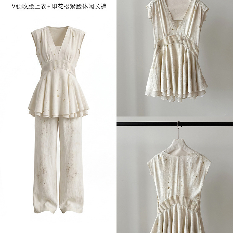 Mut26 Summer New Style New Chinese Style Slim Fit Curved Top + Printed Elastic Waist Casual Pants Wholesale Set