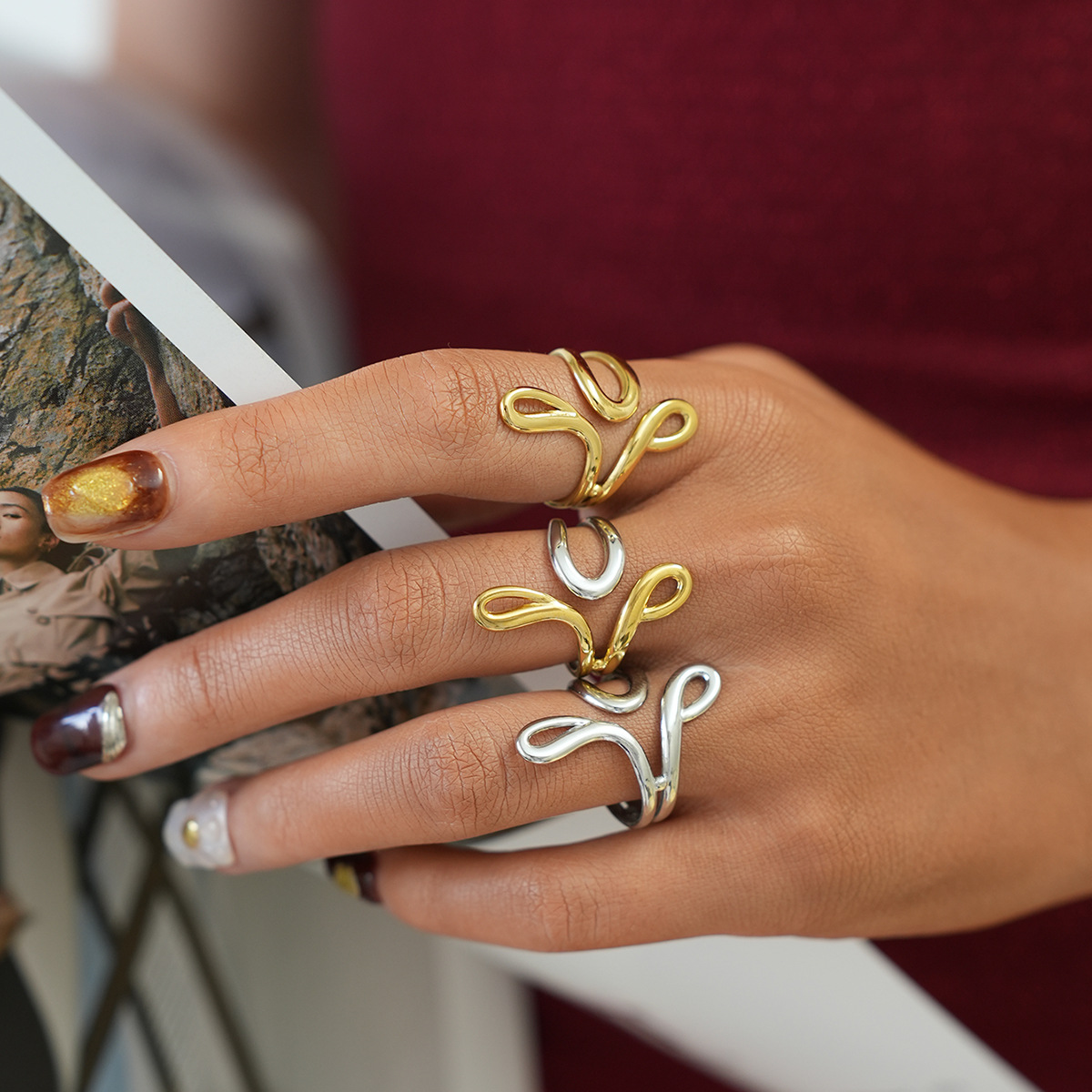 European and American Cross-Border Jewelry Stainless Steel Geometric Lines Hollow Open Ring Simple Fashion Design Hand Jewelry Wholesale