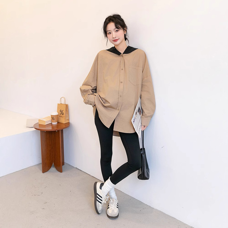 Pregnant Women's Spring Fashion Color Matching Hooded Shirt Korean Style Lazy Style Solid Color Pregnancy Casual Long-sleeved All-match Top