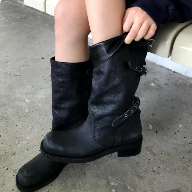 牛皮版韩系小众翻盖两穿靴子堆堆靴女皮带扣机车马丁靴中筒西部靴|undefined