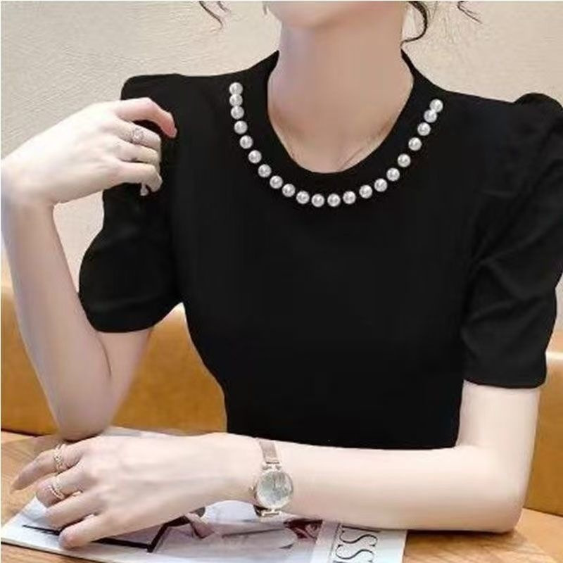 Pearl Collar, Machine-Stitched, Slim-Fit, Black, Slimming, Tencel Fabric, Wrinkle-Resistant, Cool, Short-Sleeve Shirt, Puff Sleeve Top, Slim Fit Pearl Collar, Machine-Stitched, Slim-Fit, Black, Slimming, Tencel Fabric, Wrinkle-Resistant, Cool, Short-Sleeve Shirt, Puff Sleeve Top, Slim Fit