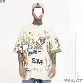 FG男装|2025春夏新款潮牌嘻哈同款手绘涂鸦高街圆领做旧短袖T恤男