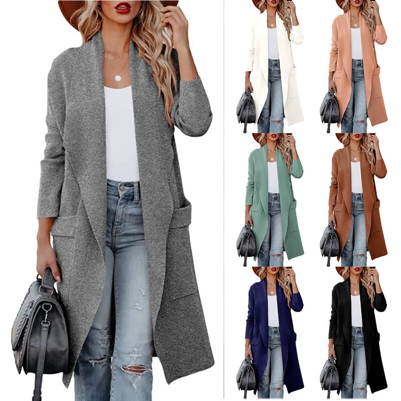 European and American Women's 2022 Autumn Casual Loose Solid Color Long Cardigan Pocket Woolen Jacket