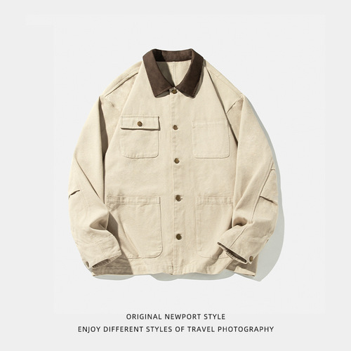 Japanese multi-pocket contrasting color collar work bottom Detroit jacket spring retro loose American casual outerwear q