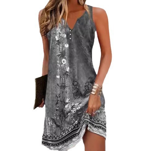 Floral Button Casual A-line Skirt Sleeveless V-neck Dress for Women