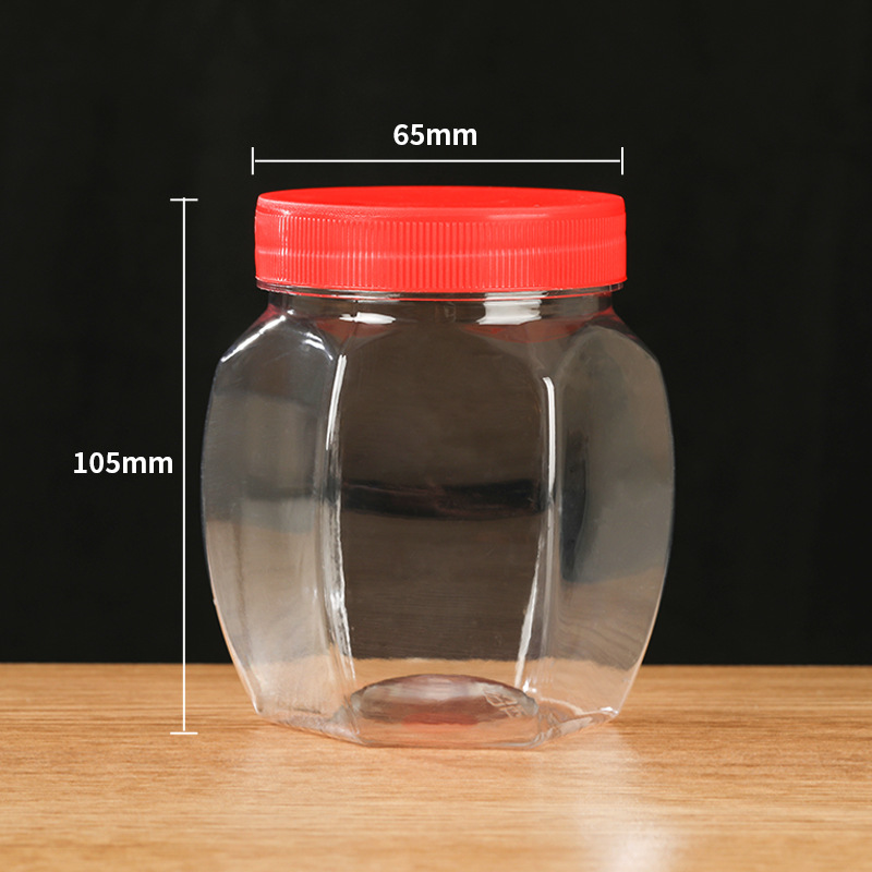 Botella de miel de plástico de 360ml redonda curva hexagonal frasco de sellado de alimentos grueso transparente botella de almacenamiento al por mayor