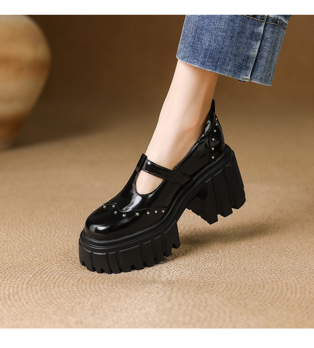 Giày Mary Jane cao gót da thật 9cm, đế bánh xốp, khóa chữ T, gót thô — Màu đen chi tiết 6