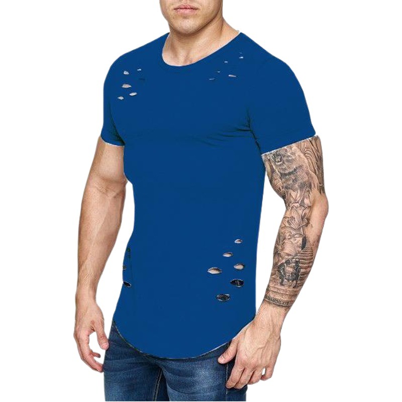 New European and American Style Men's Loose Pure Color T-Shirt with Holes, Large Size, Same Style for Men and Women