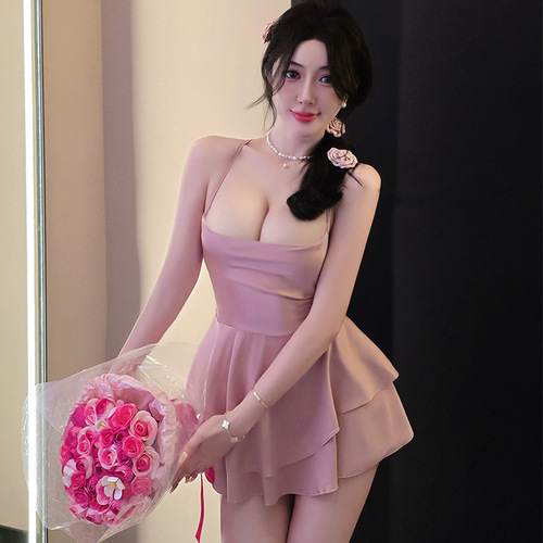 Long Night, Long Night Sexy Purple Strap Slip Dress for Women, Pure Desire, Belted Uniform Temptation Pajamas 1054