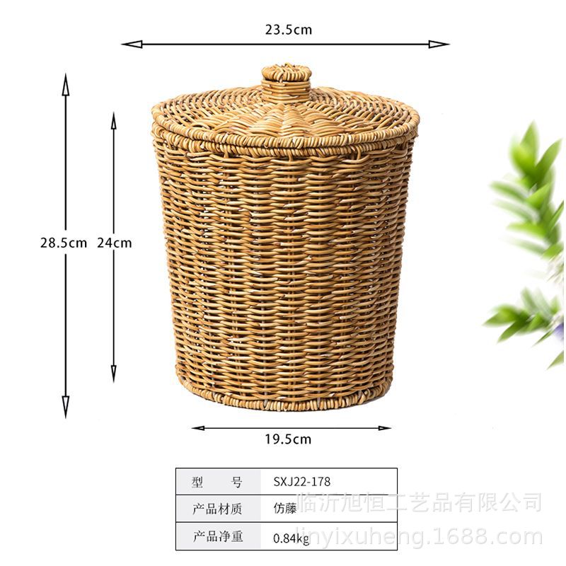 imitación de caña tejida a mano cubo de almacenamiento de escritorio retro canasta de almacenamiento de sala de estar de oficina canasta de almacenamiento con cubierta de almacenamiento