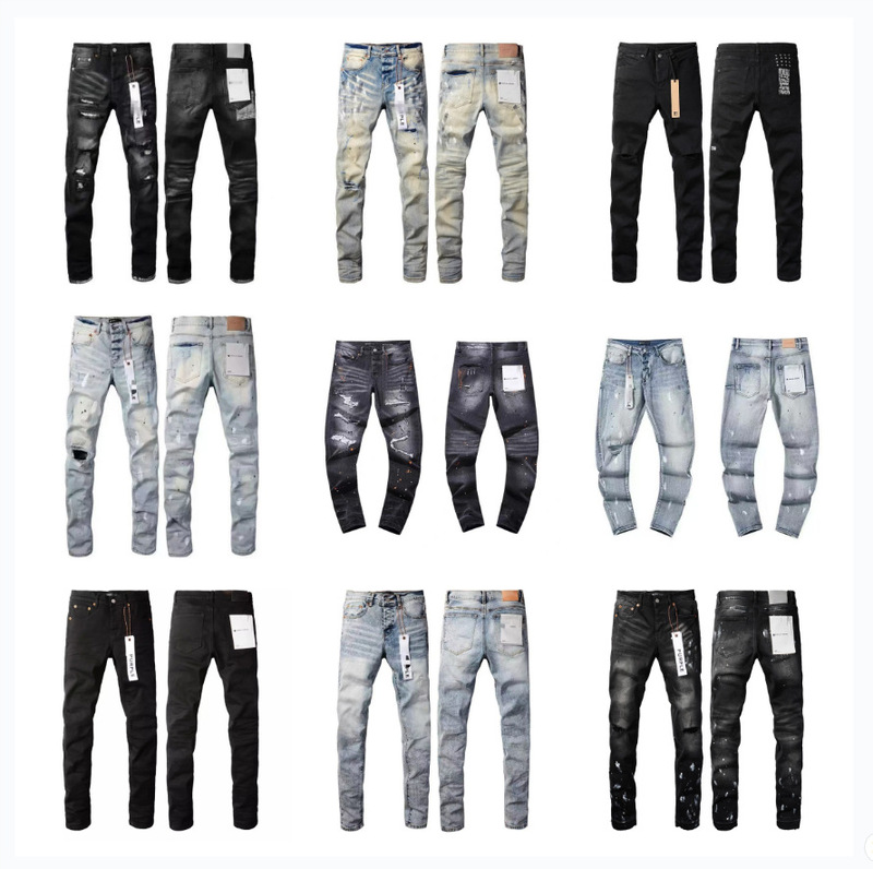 American-Style Pur Jeans, Cross-Border European and American Trendy Style, Ripped with Ink Splatter Patches, Small Straight-Leg, Vintage Distressed, Stretchy Pants, Trendy