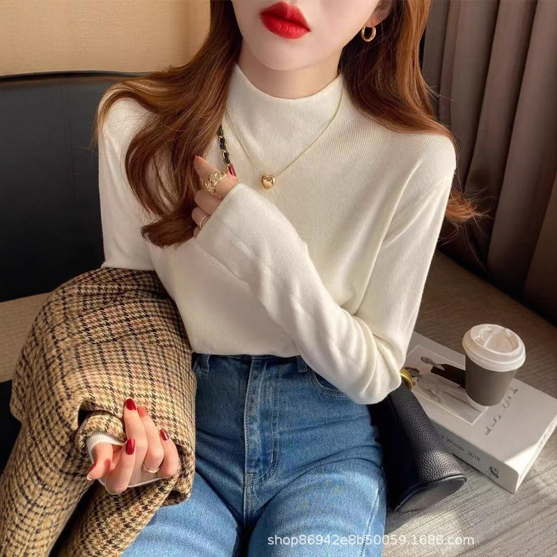 Round Neck Bottoming Shirt, Feminine Inner Wear, Autum and Winter New Pure Color Long-Sleeved Popular Knitwear, Slim Black Knitwear