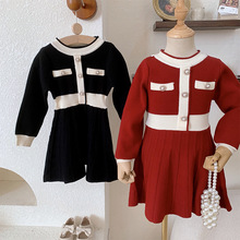 女童针织连衣裙2024年春季女童装小香风洋气公主裙韩版长袖毛衣裙