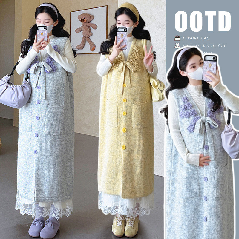 2026 Autumn/Winter Half-Turtleneck Knitted Maternity Dress + Thickened Crochet Bow Vest Dress Maternity Set 2026 Autumn/Winter Half-Turtleneck Knitted Maternity Dress + Thickened Crochet Bow Vest Dress Maternity Set