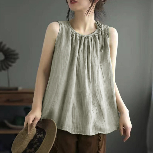 New summer style retro women's vest sleeveless loose pullover base sling top thin style slimming temperament linen and linen