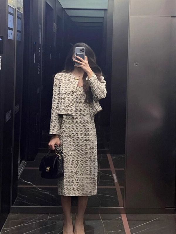 高级感秋冬新款时尚设计气质名媛轻奢小香风连衣裙套装两件套上衣|undefined