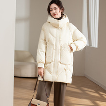 2025冬季高端羽绒服女士中长款宽松新国标90白鸭绒连帽中长款外套