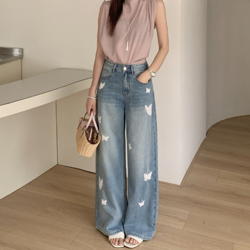 26 Summer New Thin Soft Denim Butterfly Embroidery White Jeans for Women Loose Draped Wide-Leg Straight Pants Summer