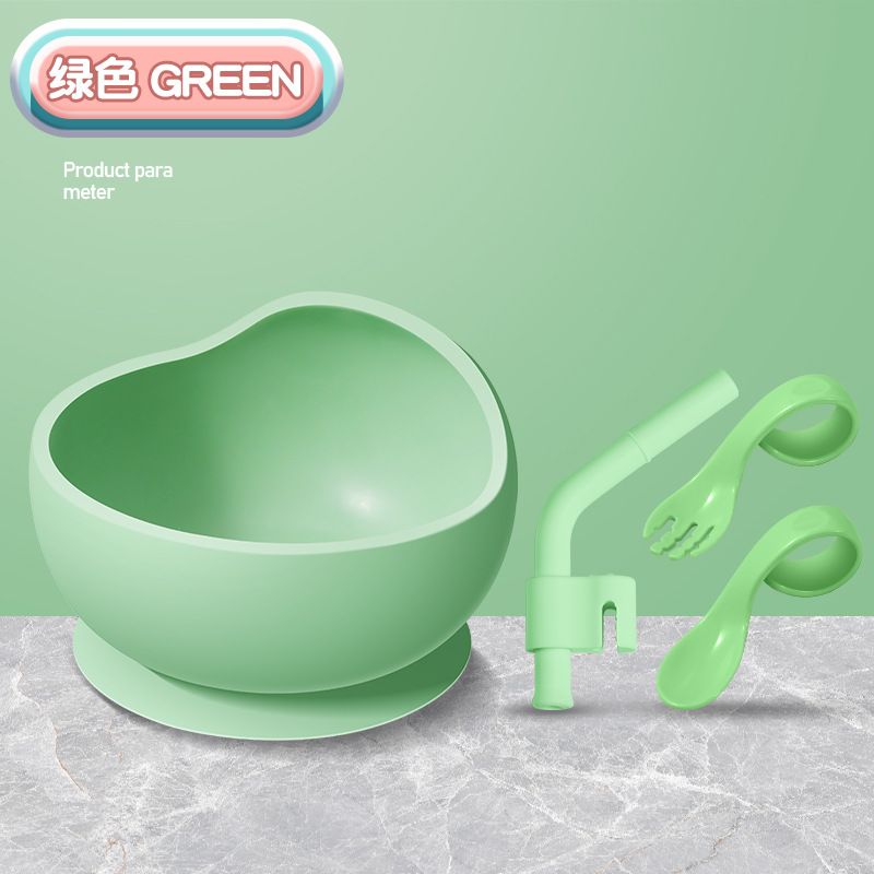 [아보카도 그린] 풀 실리콘 흡착컵 그릇 + 트레이닝 스푼과 포크 + 수프 빨대