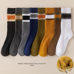 秋冬襪子男新款加絨加厚毛圈襪運動抽條中筒襪毛巾底男襪條紋長襪