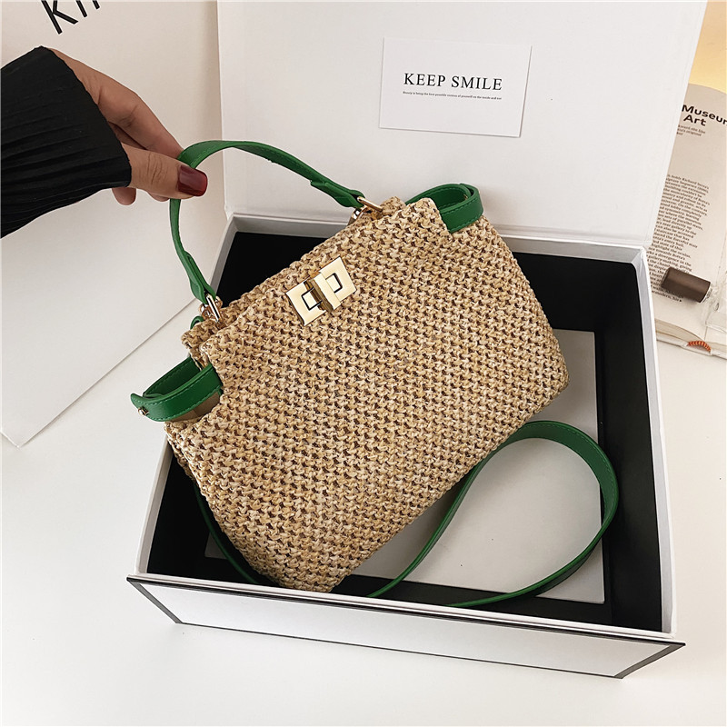 Storage Basket Bag, Rattan Handbag, Woven Shoulder Bag, Handmade Natural Rattan & Seagrass, Leather Trim, Eco-Friendly, Lightweight, Durable For Daily_voghion.com