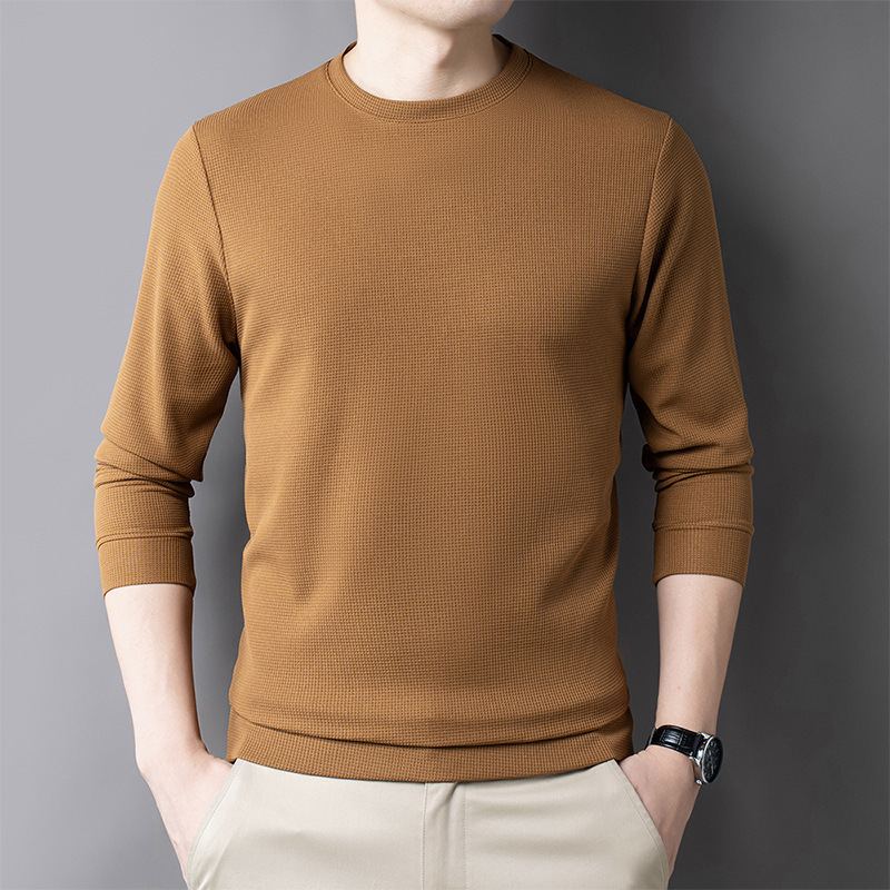 Long-sleeved T-shirt men's solid color fashion base round neck cross-border 2024 autumn new waffle men's business T-shirt men's