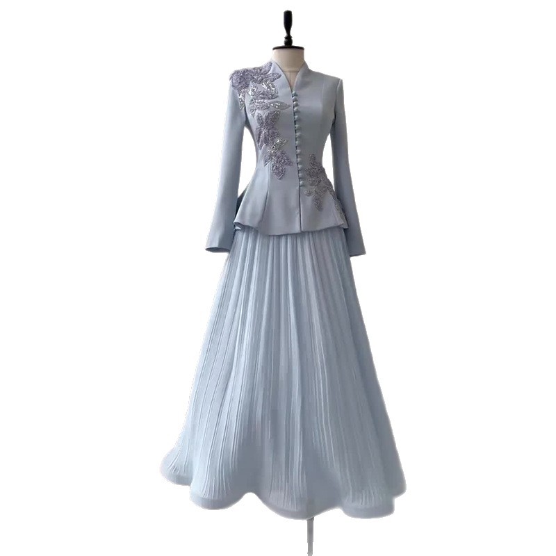 Conjunto de falda plisada de lujo con adornos de perlas – Cintura entallada, elegante manga larga (XS-XXL, 2 colores, poliéster)_voghion.com