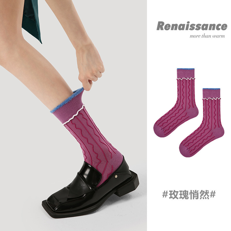 Renaissance Small Fashionable Fake Two-piece Loose Vertical Striped Double-layer Slimming Medium-length Women's Stacked Socks Renaissance Small Fashionable Fake Two-piece Loose Vertical Striped Double-layer Slimming Medium-length Women's Stacked Socks
