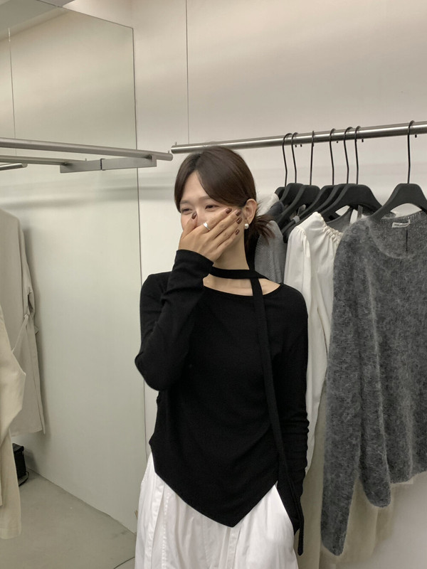 MISS密思家2025秋季气质温柔风不规则下摆飘带长袖T恤女打底上衣|undefined