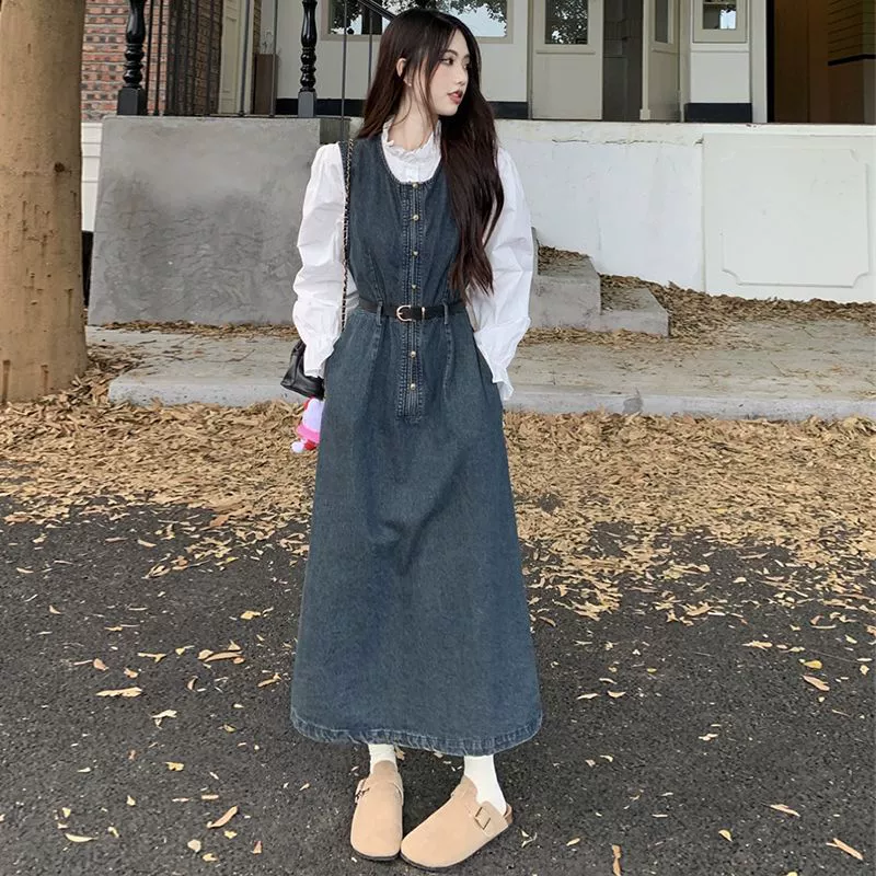 Ретро дизайн в гонконгском стиле рубашка жилет с длинными рукавами джинсовое платье в западном стиле возрастной костюм из двух частей Осень новинка