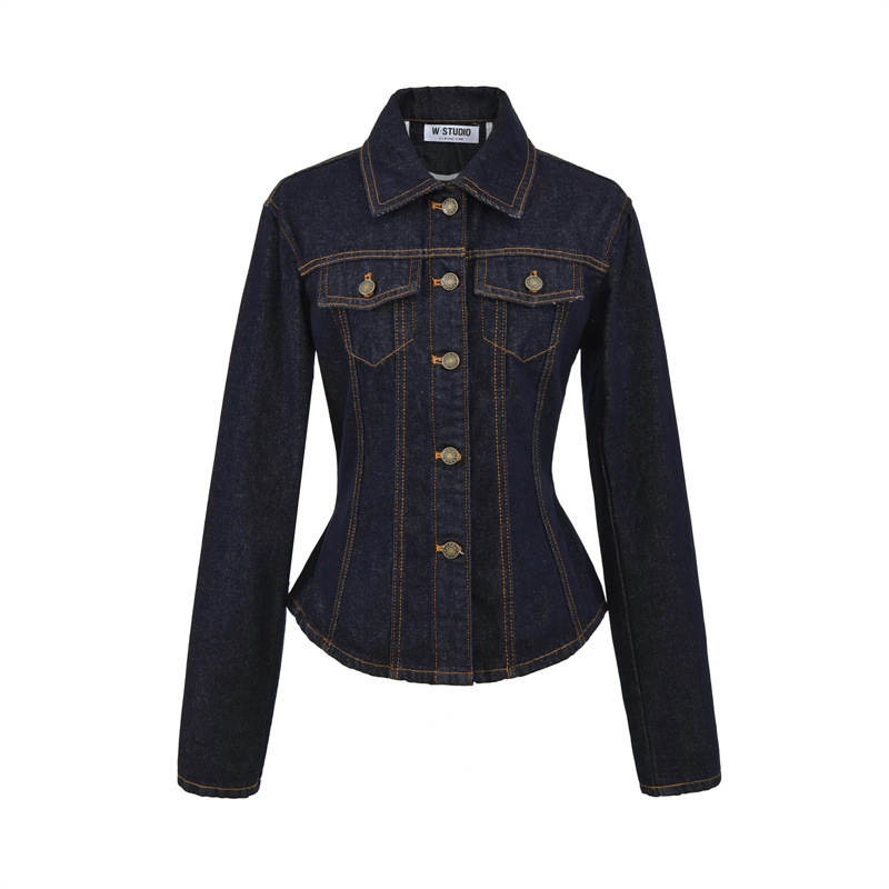 American Retro Washed Denim Shirt Jacket Autumn New Style Pinch Waist Slim Lapel Single-Breasted Jacket Top for Women