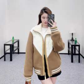 南油驴家早春羊毛皮衣领拼接撞色时尚减龄棉服夹克外套男女同款