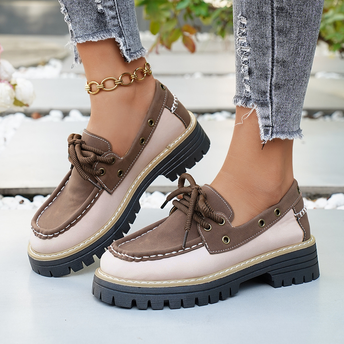 Mocassini da donna con lacci e borchie, tacco grosso, suola spessa, scarpe singole color block, novità autunno._voghion.com