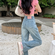 撞色皮标是设计牛仔长裤女高腰阔腿显瘦春秋上新2025包臀拖地长裤