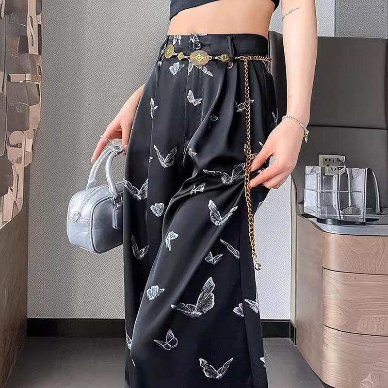 Butterfly Printed Wide Leg Pants Women's Summer Design Sense Bronzing Casual Pants High Waist Dipping Sense Slimming Narrow Straight Leg Pants