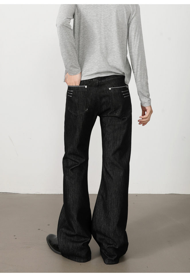 Quần jeans nam denim thô ống loe nhẹ dáng rộng có thêu — Denim đen chi tiết 9