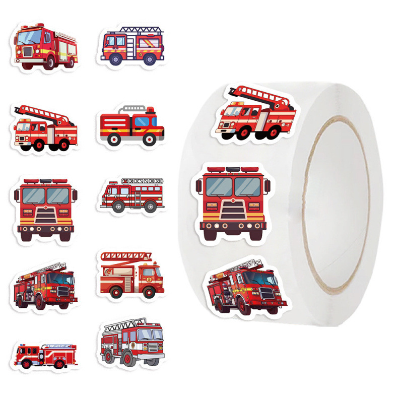 500 Sheets/Roll Cross-Border Hot-Selling Tape, Fire Truck-Themed Journal Materials, DIY Decorative Envelope Sealing Stickers
