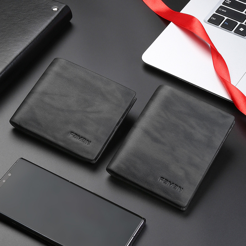 Cartera de hombre, cartera corta de cuero auténtica, cartera de estilo de hombre, cartera de cuero de vaca, cartera horizontal de negocios