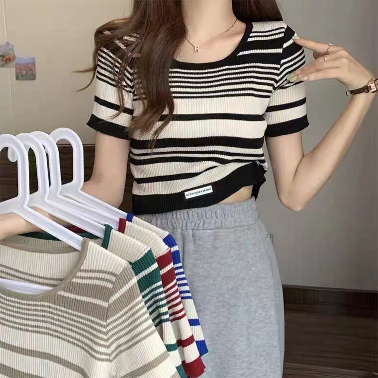 Contrast Color Stripesd Short-Sleeved Knitwear Summer New Sexy Slimming Look Short Navel-Baring T-Shirt Top for Women Contrast Color Stripesd Short-Sleeved Knitwear Summer New Sexy Slimming Look Short Navel-Baring T-Shirt Top for Women