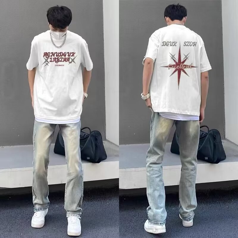 夏季新款短袖体恤打底长袖衫男直筒圆领T印花宽松男装亚麻材质