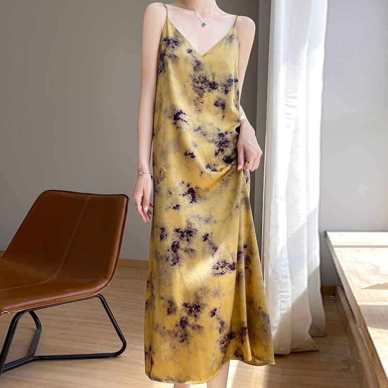 Wholesale Summer New Acetic Acid Satin V-neck Sling dress Women's Printed Loose Sleeveless Elegant All-match Long Dress