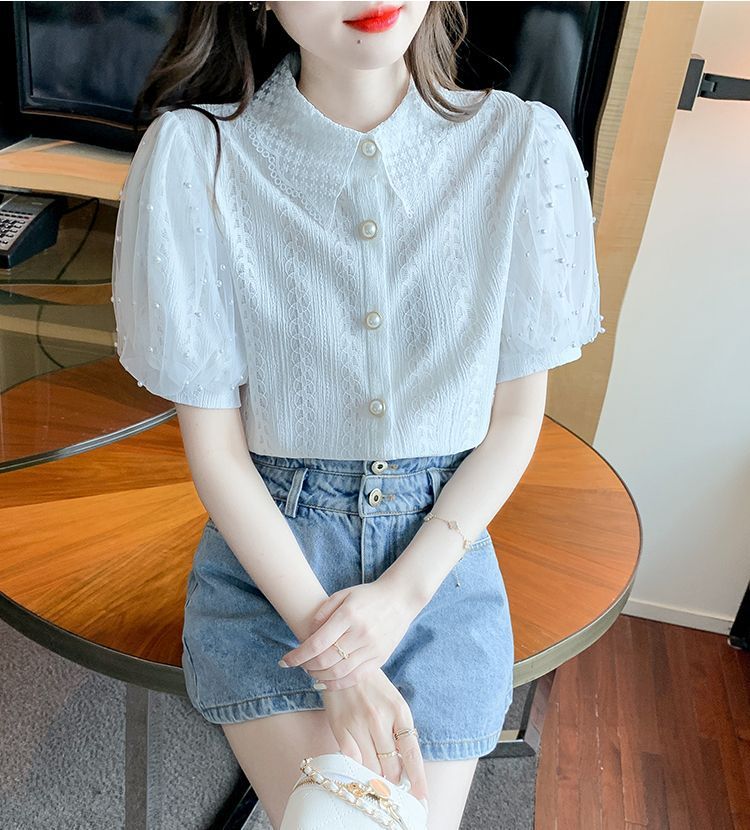 Camicetta da donna in pizzo con maniche a palloncino in rete con perline, cardigan estivo a maniche corte, top trasparente casual, abbigliamento da strada alla moda_voghion.com