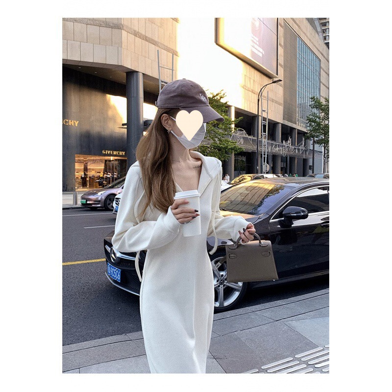 Early Autumn Clothing 2026 New Hooded Sweatshirt White Long-Sleeved Dress for Women with a High-End Feel, Petite Long Dress