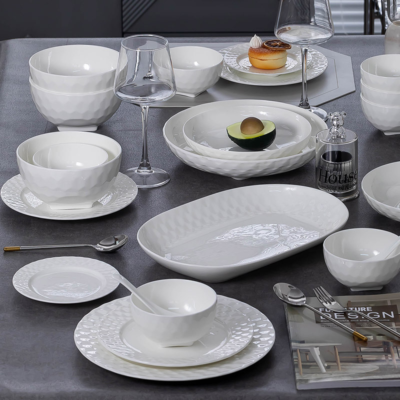 北歐輕奢純白高檔家用浮雕飯碗景德鎮釉下彩碗盤碗具面碗喬遷餐具