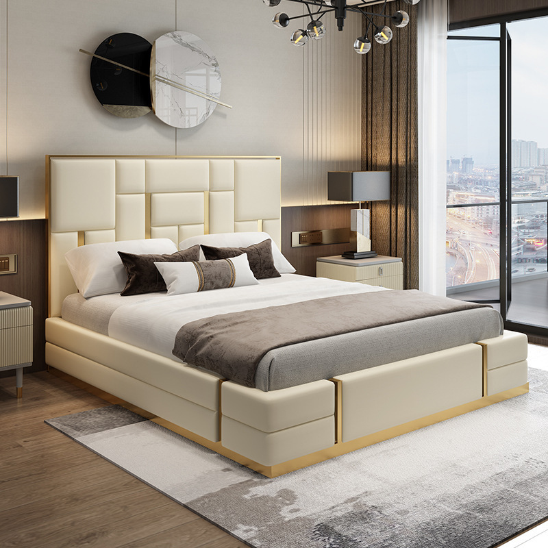 Hong Kong-Style Light Luxury Leather Double Bed Master Bedroom Wedding Bed Post-Modern Bedroom Storage Foshan Furniture Factory Double Wedding Bed