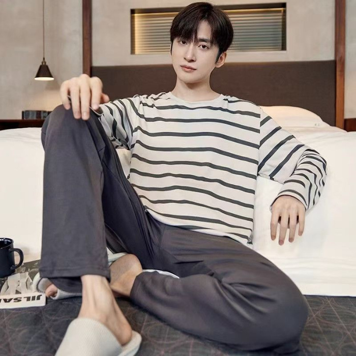 Corea del Sur 2024 pijamas de hombre de otoño pantalones de manga larga larga con un conjunto de sombreros más grande ropa casera simple al por mayor