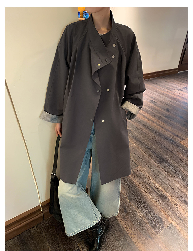 ng2510292 MOXI Thirteen Lines Women's Clothing 2026 Spring Korean Style Stand Collar Long Trench Coat For Petite Women_ecoleips.com