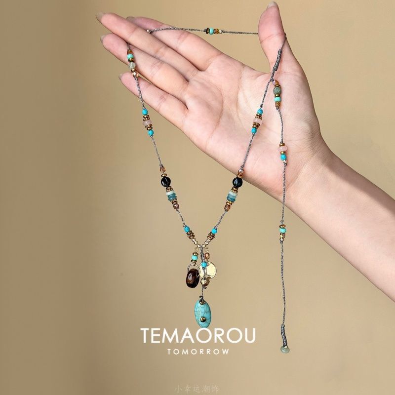 Vintager Retro White Turquoise Pendant Long Necklace Women's High-End Sweater Chain Ethnic Style Pendant Accessories